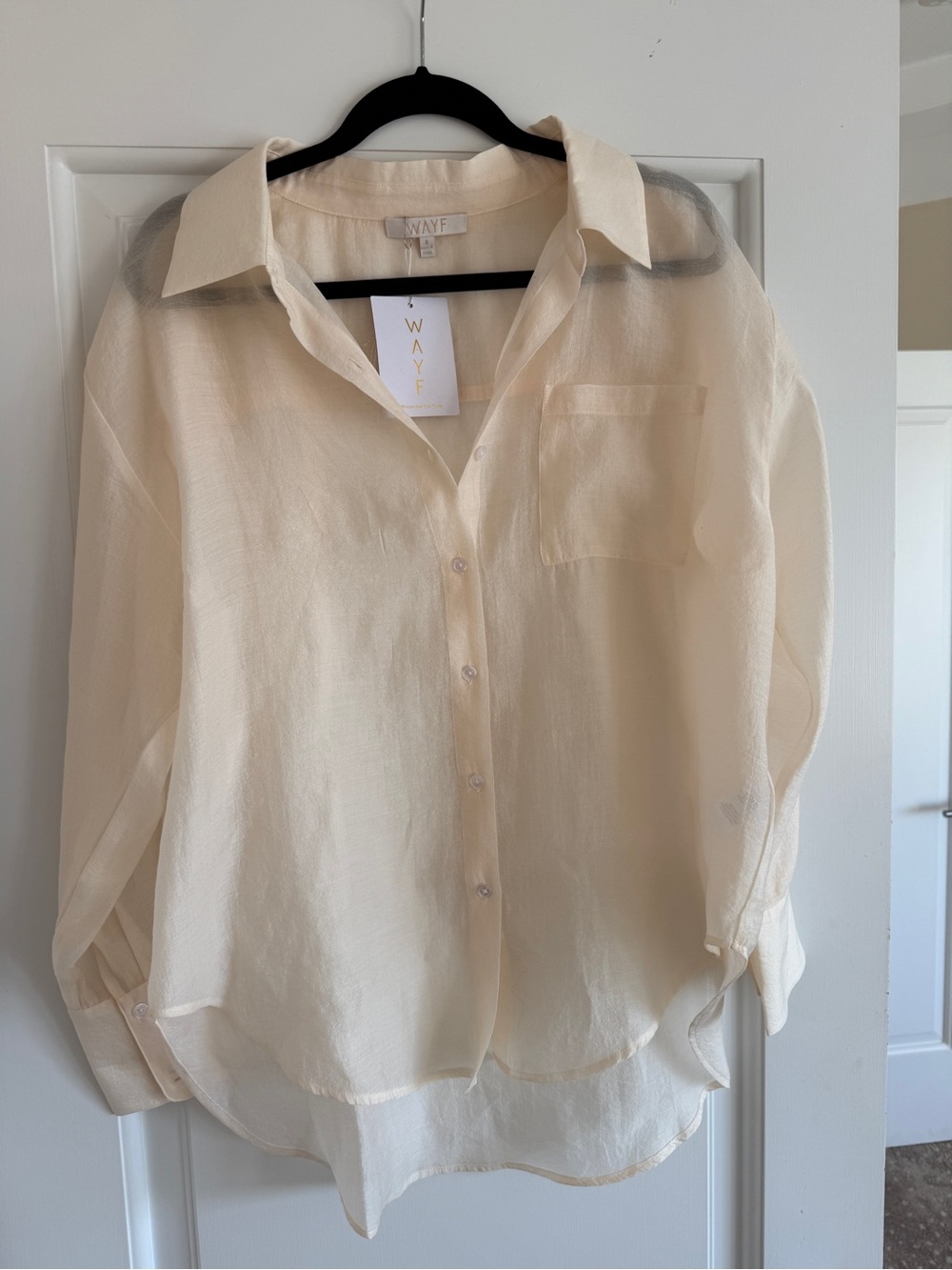 WAYF Lightweight Sheer Button-Up Shirt - Cream Sz S